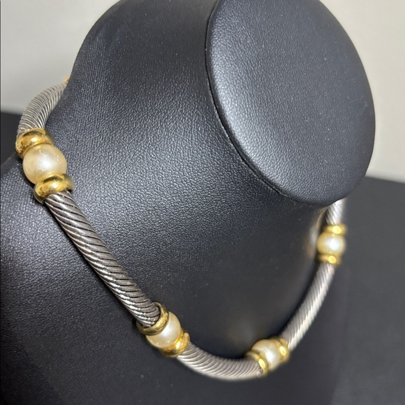Elegant Two Tone Silver Gold Hampton Choker Cable Pearl Beaded Necklace - Picture 4 of 7